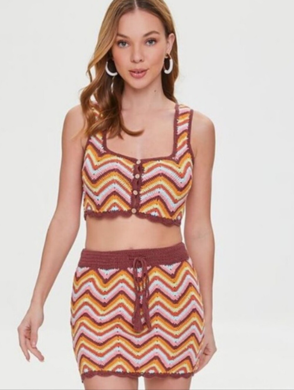 Forever 21 100% Cotton Crocheted Chevron Striped Multi Colored Vest Skirt Set S